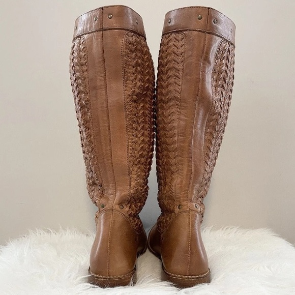 FRYE Shirley Woven Tan Leather Knee High Tall Western Riding Stud Boots Sz 6.5 - Picture 11 of 16